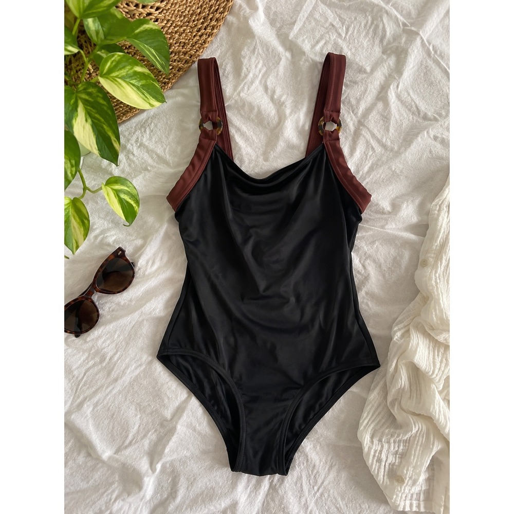 Islander Womens One Piece Swimsuit Black Burgundy Tortoise Ring Accent Size 10